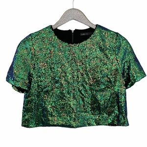 Maddy…K Blue & Green Sequin Short Sleeve Semi-Crop Top with Zipper on Back